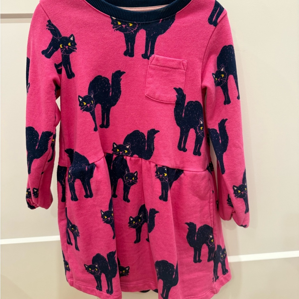 Mini Boden Pink Dress with Navy Black Cat Print
